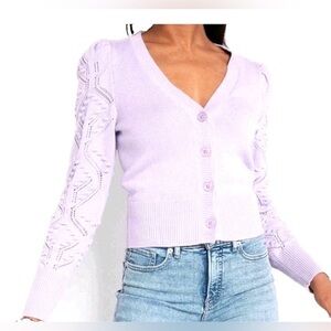 Express Women's Cardigan Bubbles Sweater Puff Sleeve Lavender Cotton size L